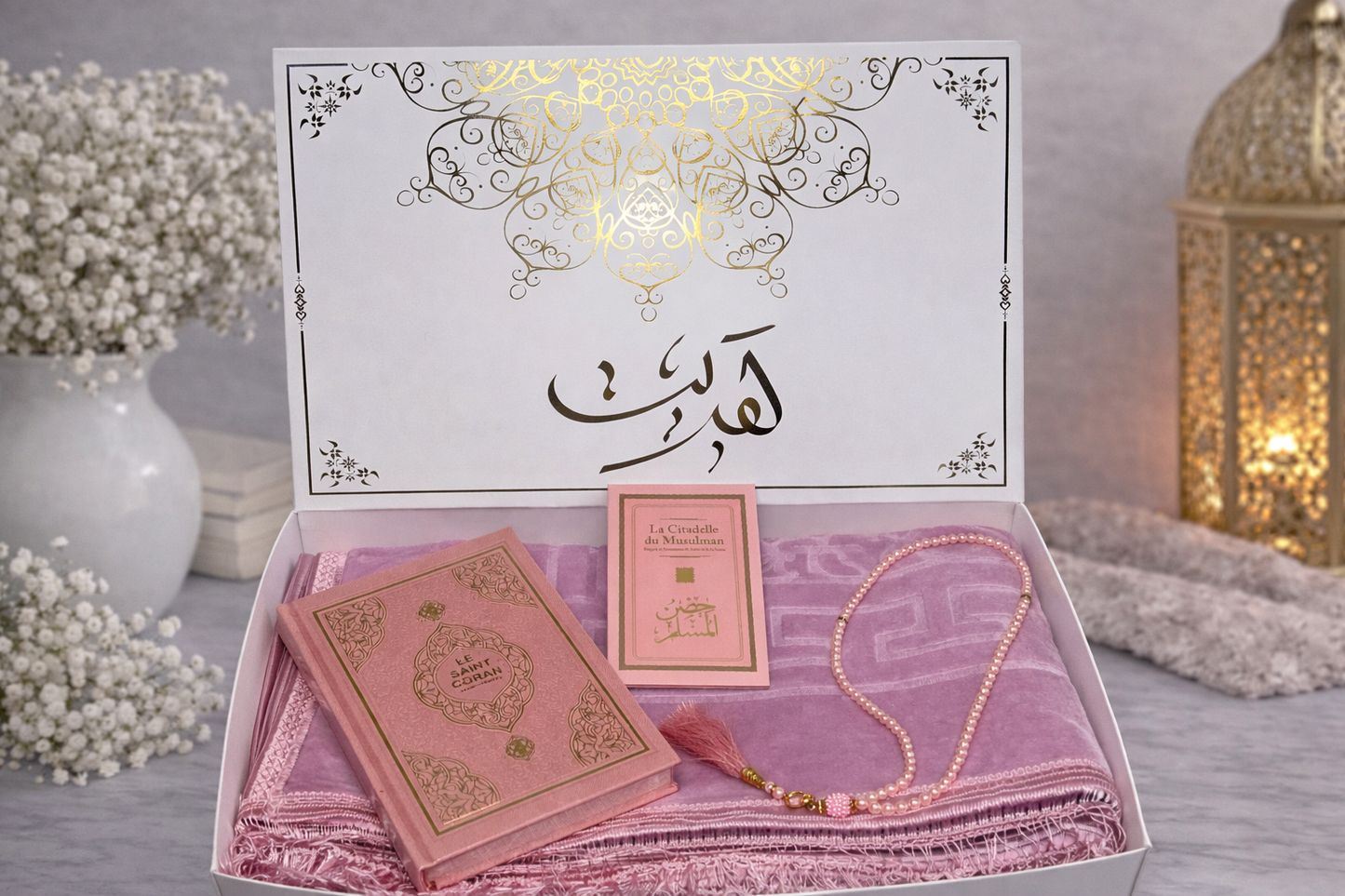 Coffret rose (Tapis, Coran, Citadelle et Tasbih)