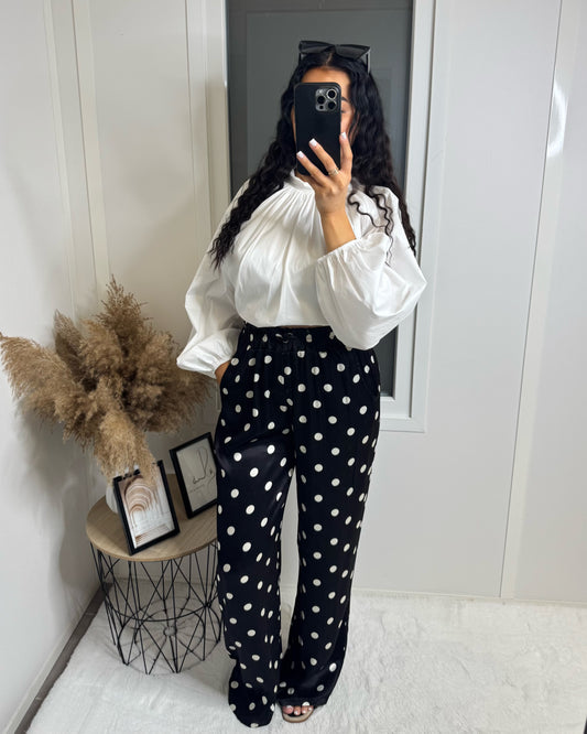 Pantalon satiné pois noir