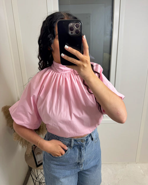 Chemise dos ouvert manche courte rose