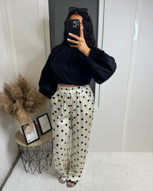 Pantalon satiné pois blanc